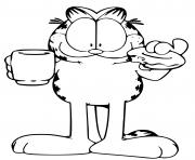 Garfield boit un cafe et un beigne dessin à colorier