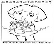 Coloriage dora avec une planche de surf pres de la plage dessin