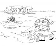 Coloriage dora et babouche dans la foret pres du lac