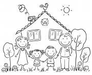 une famille avec un chat devant leur maison dessin à colorier