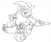 minnie mouse sorciere volante avec chat et citrouille halloween dessin à colorier