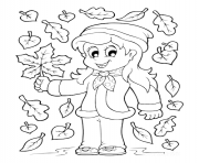 fille prend une feuille automne arbre dessin à colorier