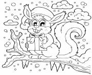 ecureuil de noel sur un arbre en hiver dessin à colorier