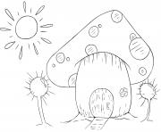 maison de champignon avec soleil et arbres dessin à colorier