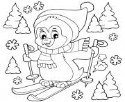 pinguoin fait du ski dessin à colorier