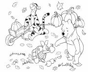 winnie the pooh et tigrou porcinet ramassent les feuilles citrouilles pommes dessin à colorier