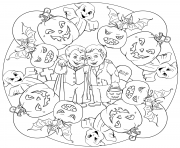 Coloriage halloween mandala citrouille et chauves souris facile maternelle dessin