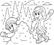bataille de neige entre fille et garcon hiver dessin à colorier
