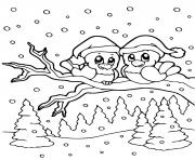 Coloriage oiseaux chapeau du pere noel sur un arbre hiver neige sapins