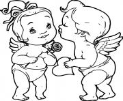 deux bebes coeurs fleur cupidons dessin à colorier