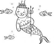sirene mermaid chat le roi avec des poissons dessin à colorier
