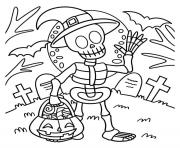 squelette dans un cimetiere halloween pour petit dessin à colorier