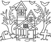 Coloriage maison hantee avec lune halloween dessin