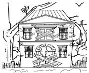 maison hantee avec les portes barres qui fait peur dessin à colorier