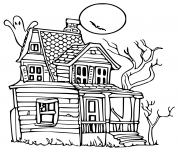 maison hantee avec lune halloween dessin à colorier