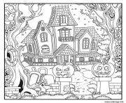 halloween maison hantee avec des citrouilles epeurantes dessin à colorier
