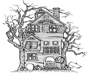maison halloween arbres difficile dessin à colorier