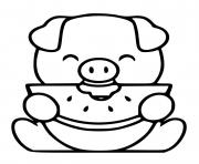 cochon mignon mange une pasteque melon deau dessin à colorier