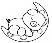 Coloriage cochon mignon dort sur la lune