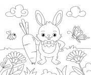 Coloriage printemps facile lapin avec carotte paysage papillon abeille