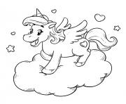 princesse licorne kawaii sur un nuage dessin à colorier