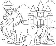 Coloriage princess sur sa licorne devant son chateau dessin