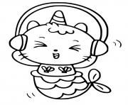 chat licorne sirene qui ecoute de la musique dessin à colorier