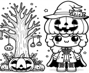 personnage kawaii masque citrouille arbre effrayant dessin à colorier