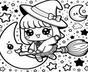 personnage kawaii sorciere balai etoiles lunes dessin à colorier