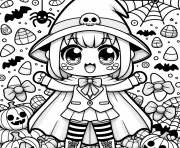 personnage kawaii cape halloween bonbons araignees dessin à colorier