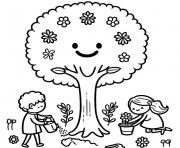 enfants qui arosent un arbre et les plantes dessin à colorier