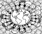 communaute enfants autour de la planete terre main dans la main soutien dessin à colorier