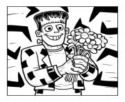 Coloriage frankenstein avec bouquet fleurs dessin