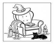 chaise de sorciere et son chat noir dessin à colorier