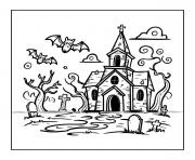 eglise hantee et chauves souris dessin à colorier