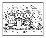 groupe enfants costumes fete halloween dessin à colorier