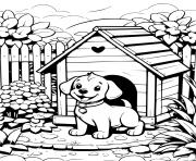 beau chiot dans sa maison avec jardin dessin à colorier