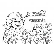 je taime mamie avec sa fille et des fleurs dessin à colorier