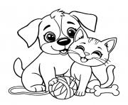 chiot et chaton heureux ensemble dessin à colorier