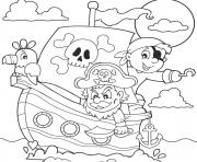 Coloriage fille kawaii pirate sur un bateau avec un tresor dessin