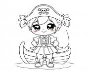 Coloriage fille kawaii pirate sur un bateau avec un tresor dessin