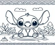 stitch assis sur un nenuphar facile dessin à colorier