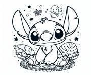 stitch assis avec des fleurs et des etoiles facile dessin à colorier