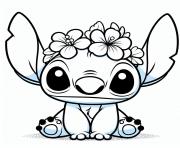 stitch avec couronne de fleurs dessin à colorier