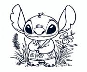 stitch mignon en kimono avec des fleurs dessin à colorier