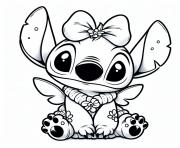 stitch mignon avec fleur sur la tete dessin à colorier