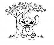 stitch mignon sous un arbre fleuri dessin à colorier