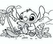 stitch mignon mangeant une banane sous un palmier dessin à colorier