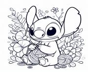 stitch en train de tricoter entoure de fleurs dessin à colorier