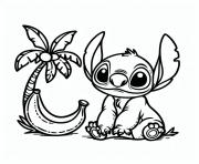 stitch mignon et palmier illustration noir et blanc dessin à colorier